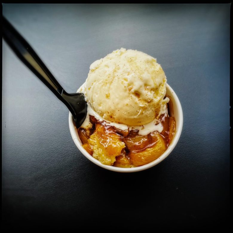 Peach cobbler and vanilla ice cream from Peach Cobbler Factory in Washington, D.C.