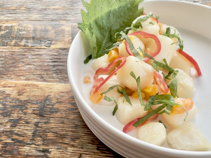 Bay scallops with coconut, yuzu, sweet potato, shiso at Motorkat in Takoma Park