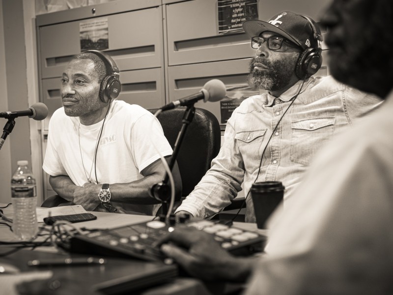 Michael Dickerson-El (left) and Dietrich Trent record an episode of Solutions from the Yard.