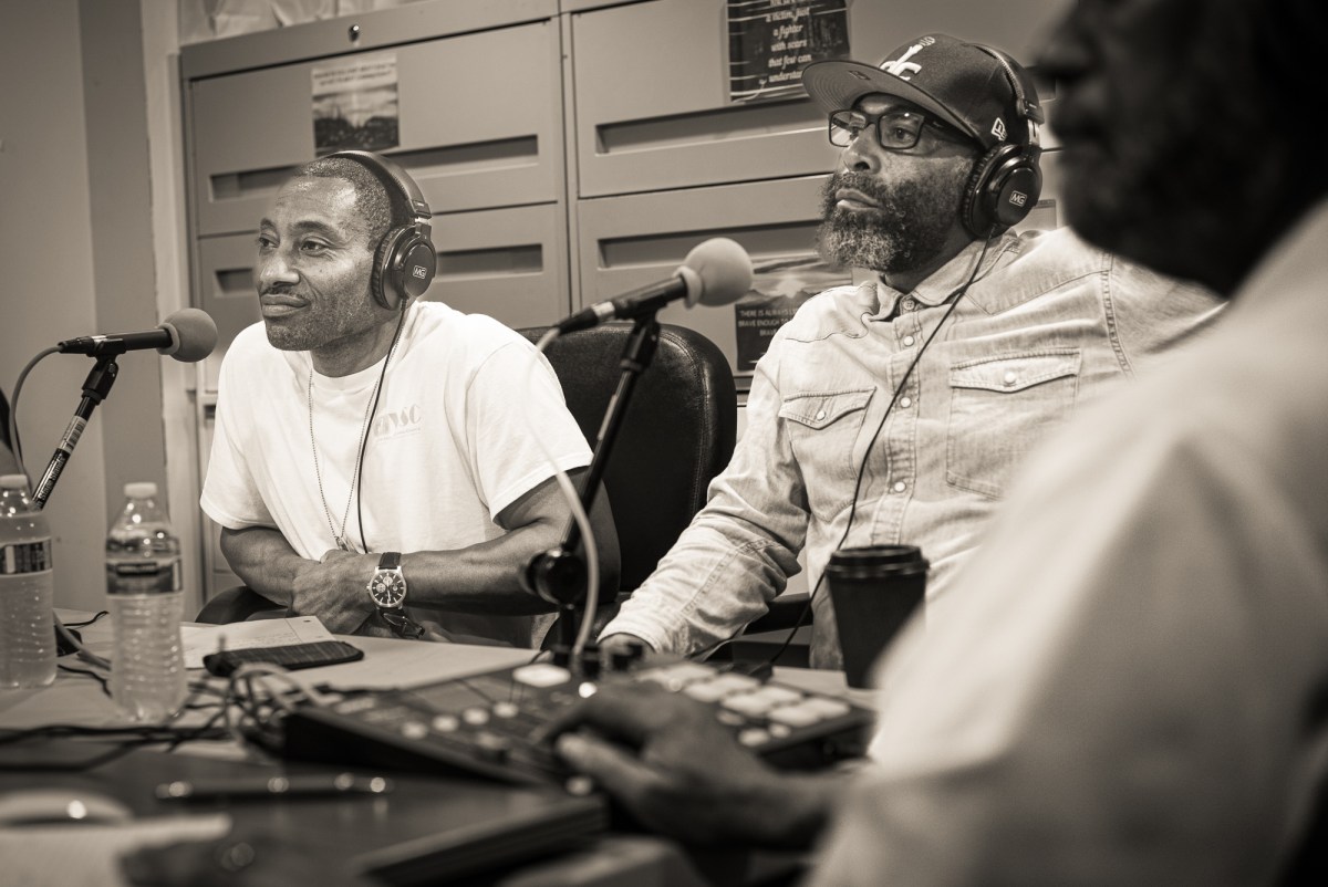 Michael Dickerson-El (left) and Dietrich Trent record an episode of Solutions from the Yard.