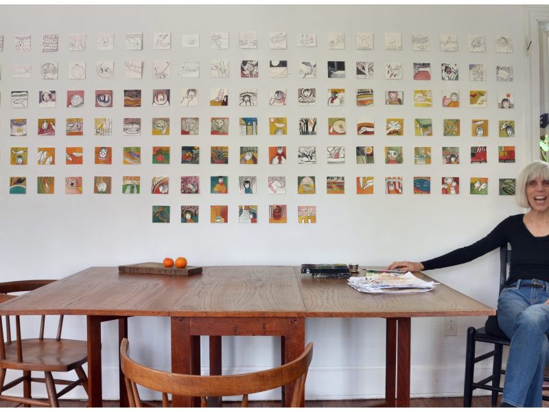 Raya Bodnarchuk at home with small paintings, 2014. Courtesy of the artist.