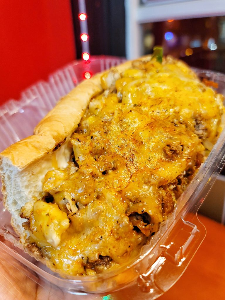 A chicken, steak, and cheese sandwich from Soul Wingz, a soul food restaurant in Washington, D.C.