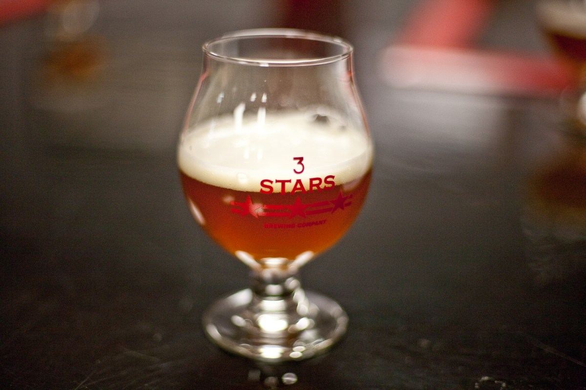 A beer in a tulip glass from 3 Stars Brewing in Washington, D.C.
