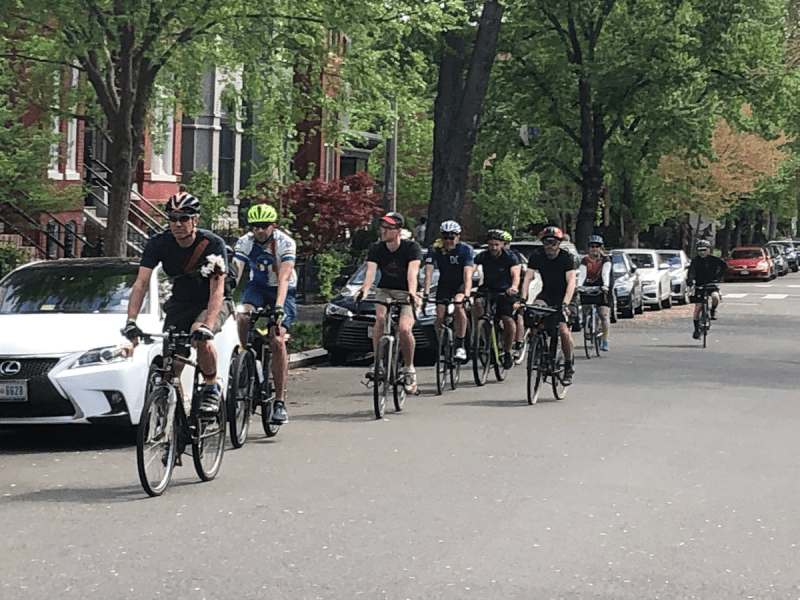 Cyclists start their memorial ride for David Salovesh on Saturday.